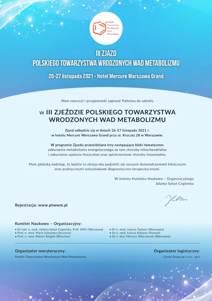 III Zjazd PTWWM 2021 Hotel Mercure Grand Warszawa zaproszenie plakat Polskie Towarzystwo Wrodzonych Wad Metabolizmu